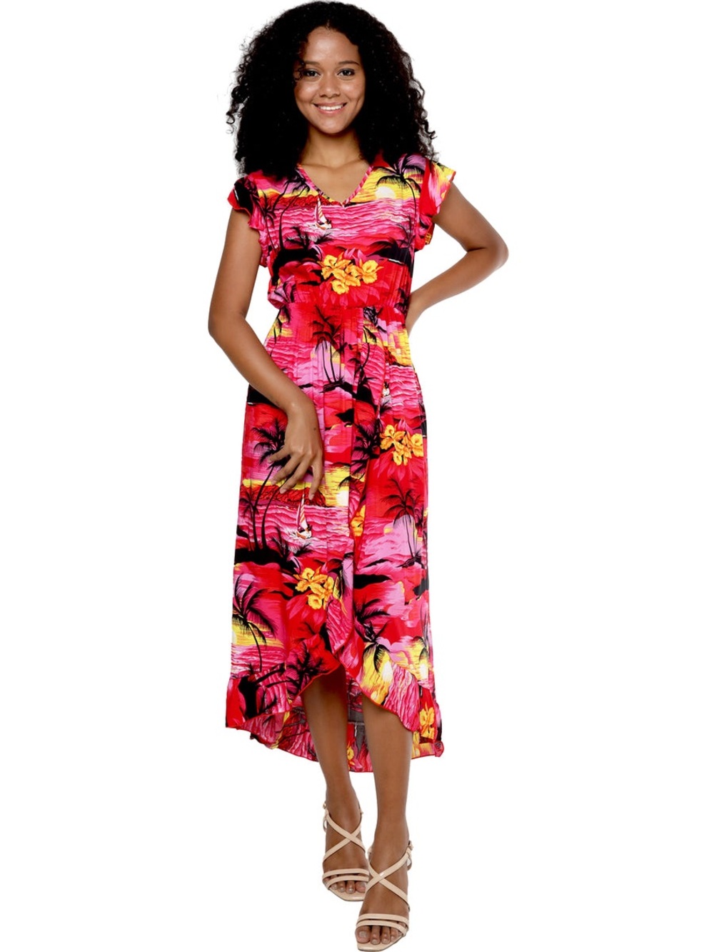 Hawaii Hangover Wrap Ruffle Beachy Midi Dress Medium Resort Vacation Sunset Red